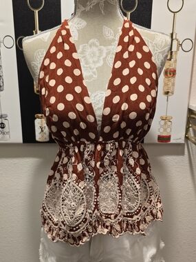 Free People S Rust Polka Dot Lace-Trim Halter Camisole